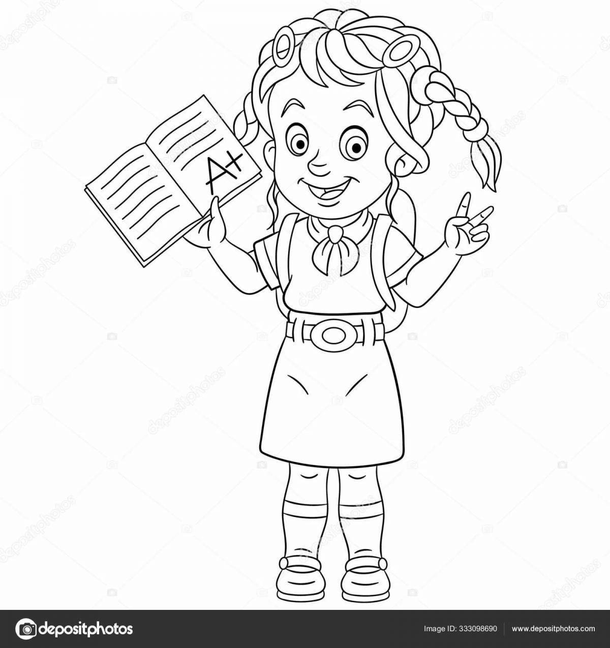 Coloring page energetic schoolgirl