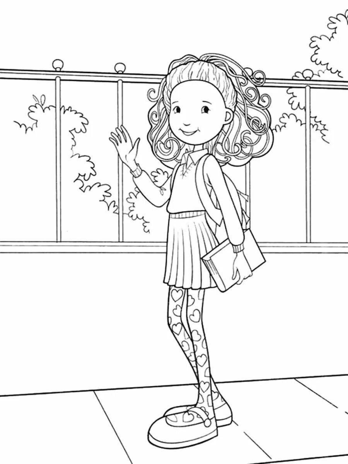 Coloring page excited schoolgirl