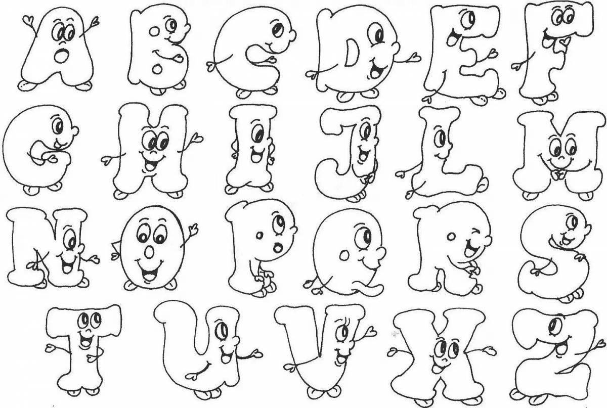 Комическая забавная страница раскраски алфавита