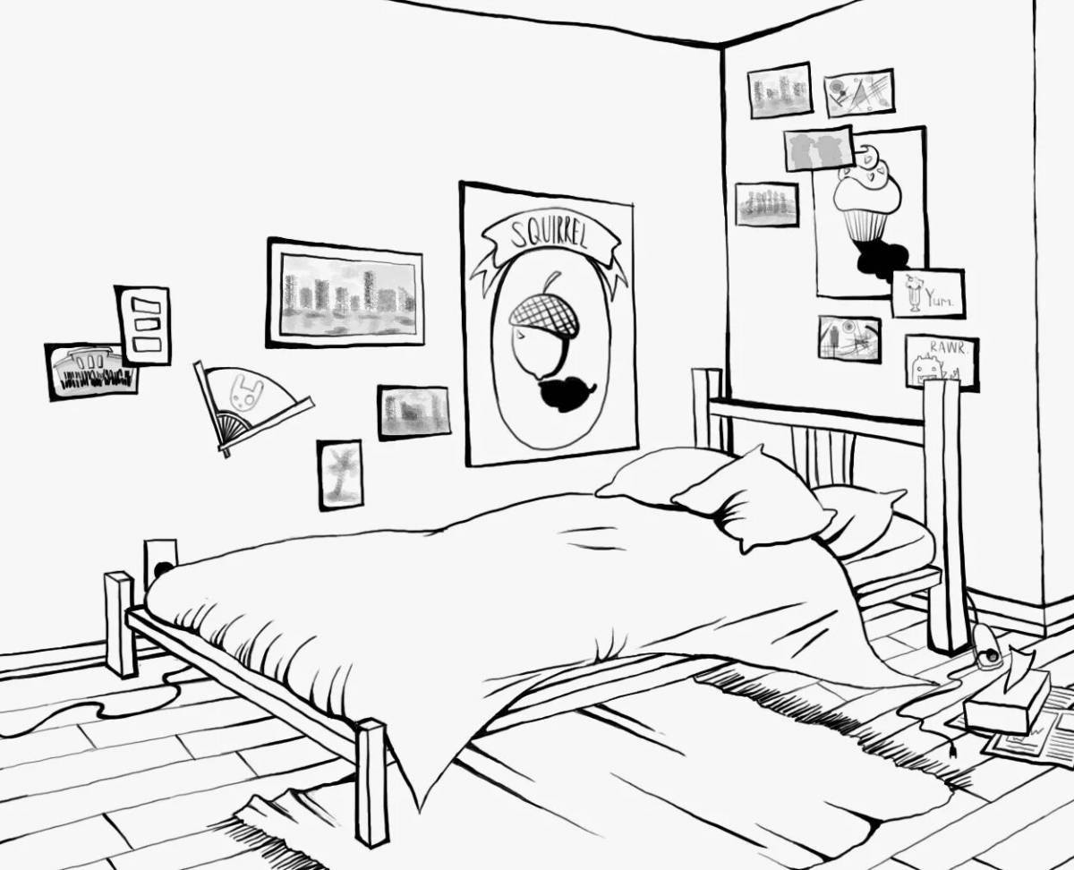 Игривая страница раскраски спальни