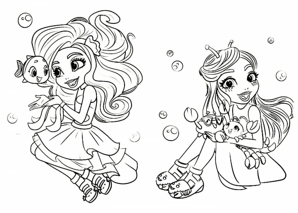 Coloring page energetic mermaids