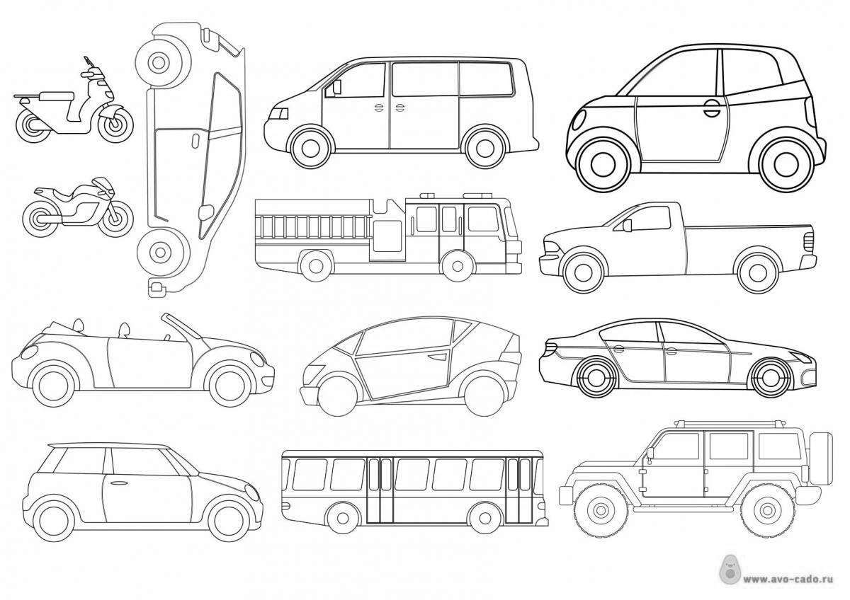 Coloring page of a playful car layout