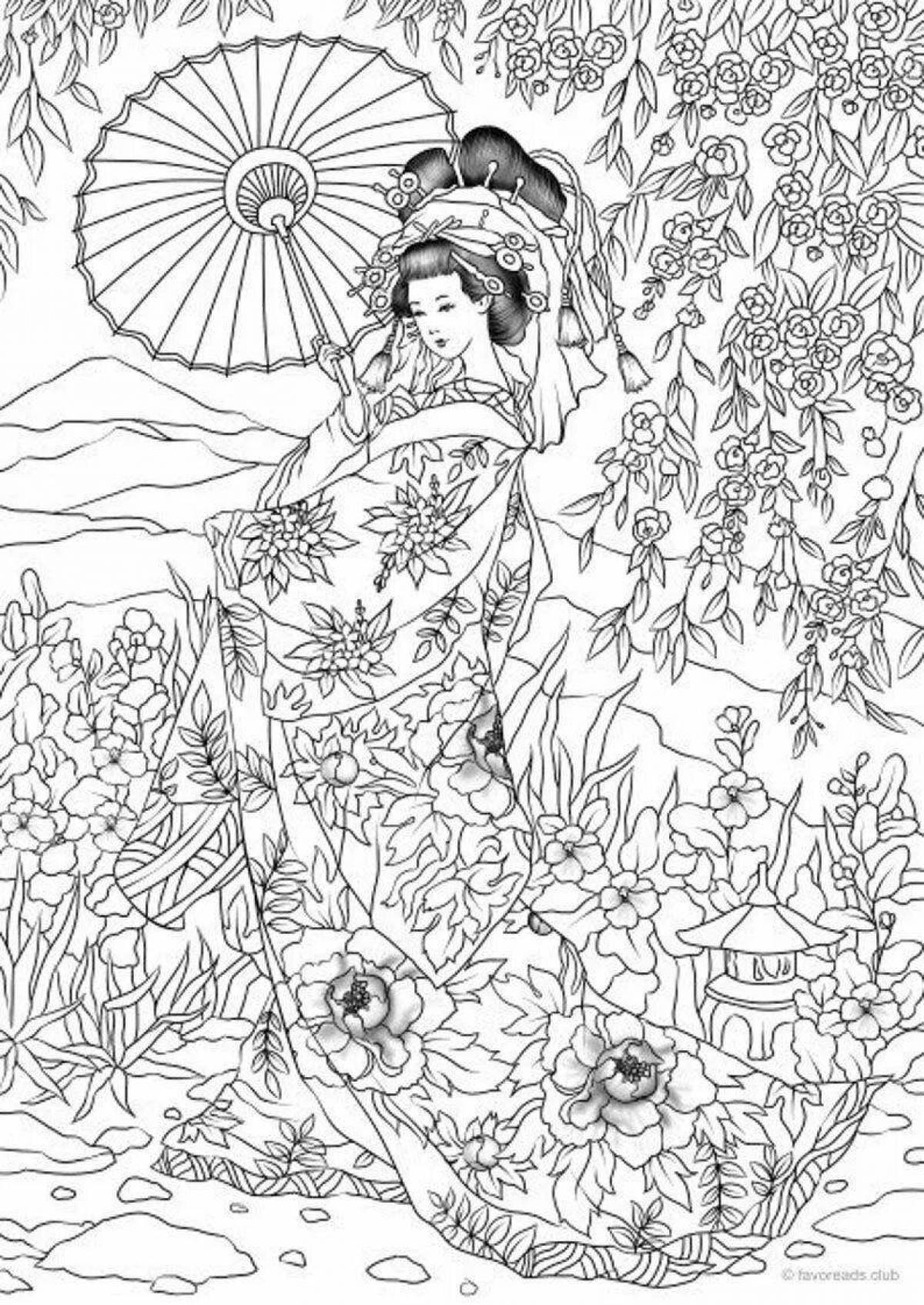 Красочная страница раскраски с японскими мотивами