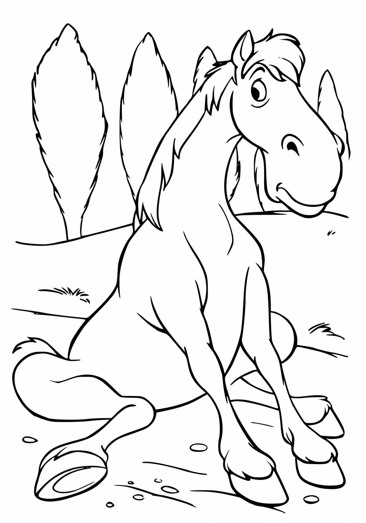 Яркая мультяшная лошадь-раскраска