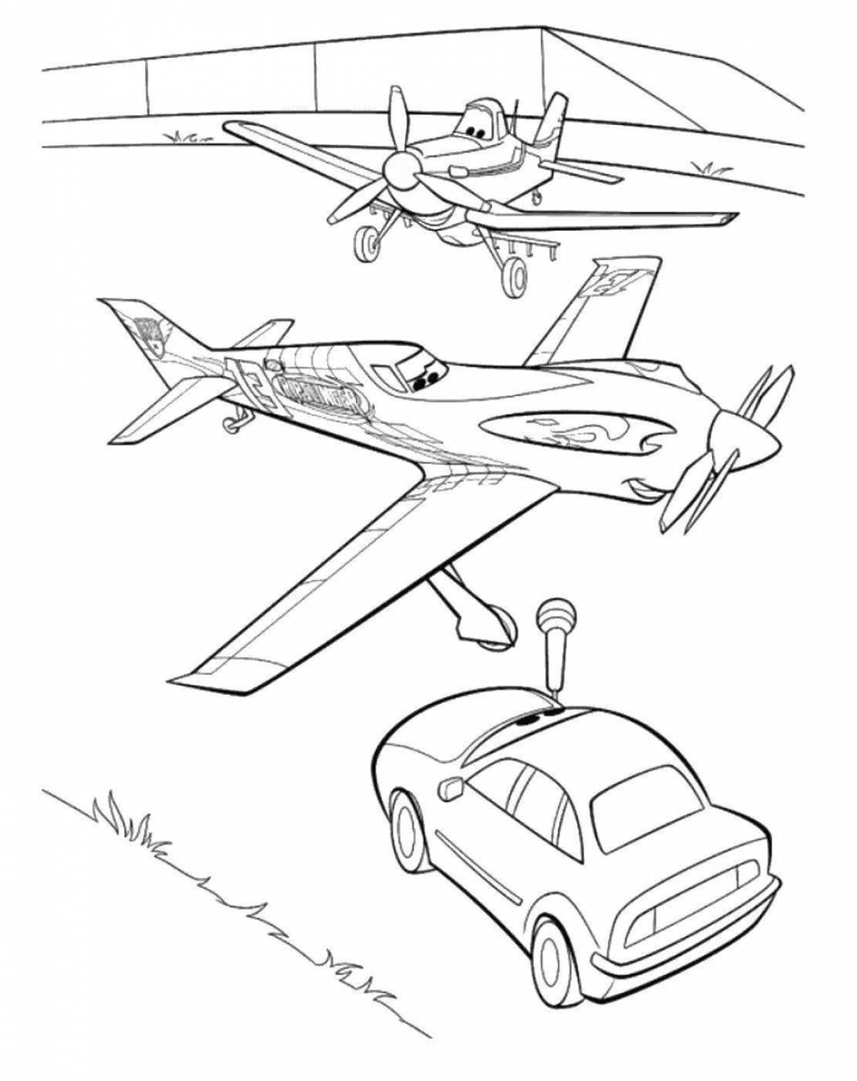 Playful car plane coloring page