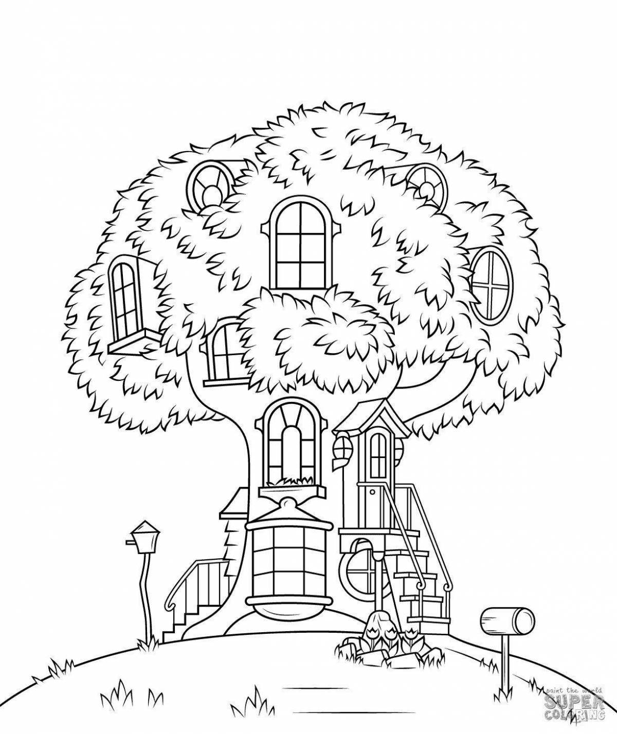 Сказочный домик на дереве раскраска
