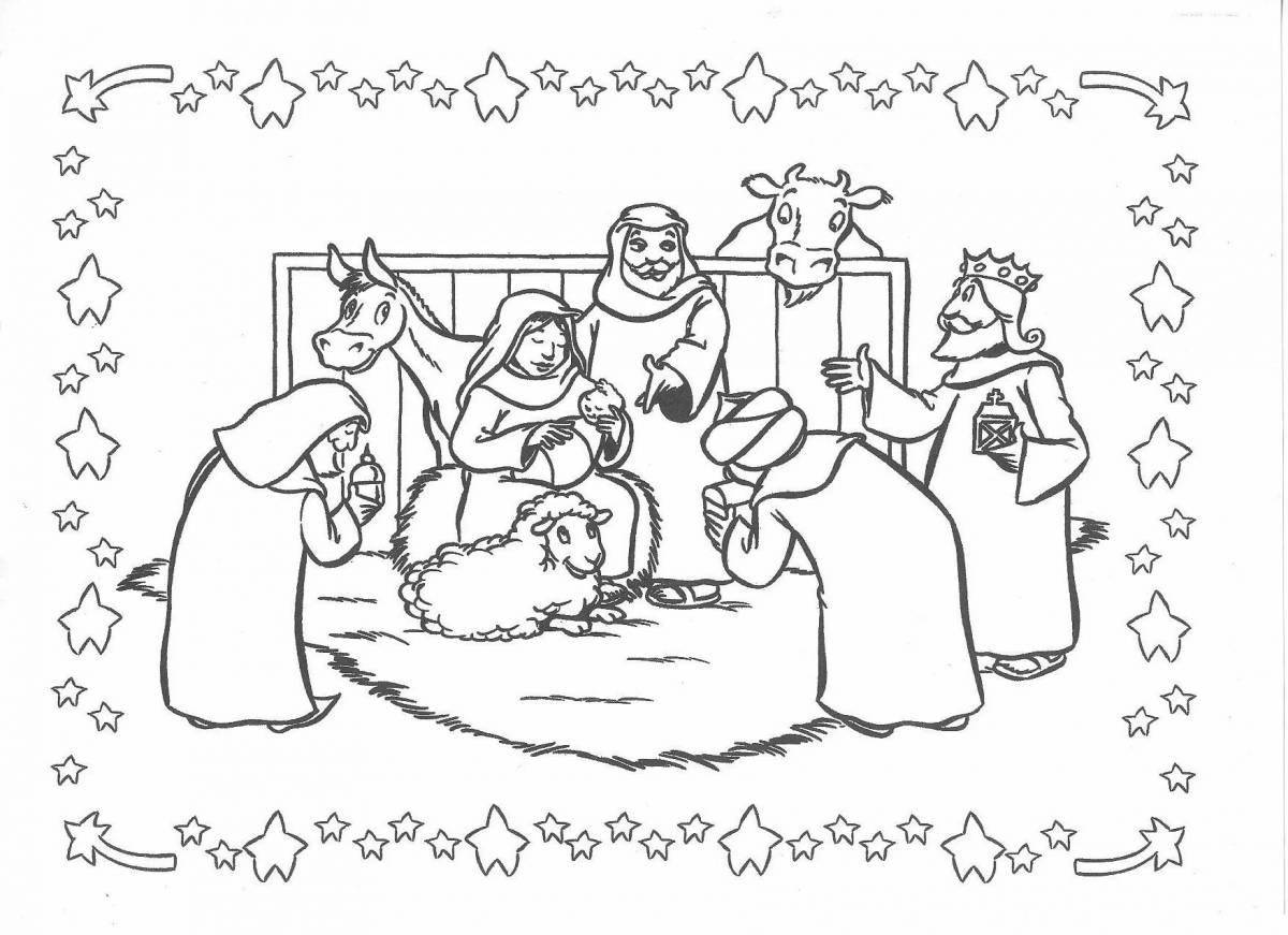 Coloring book shining nativity scene
