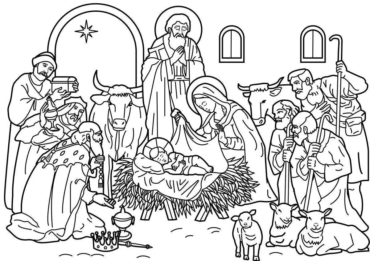 Large nativity scene coloring page