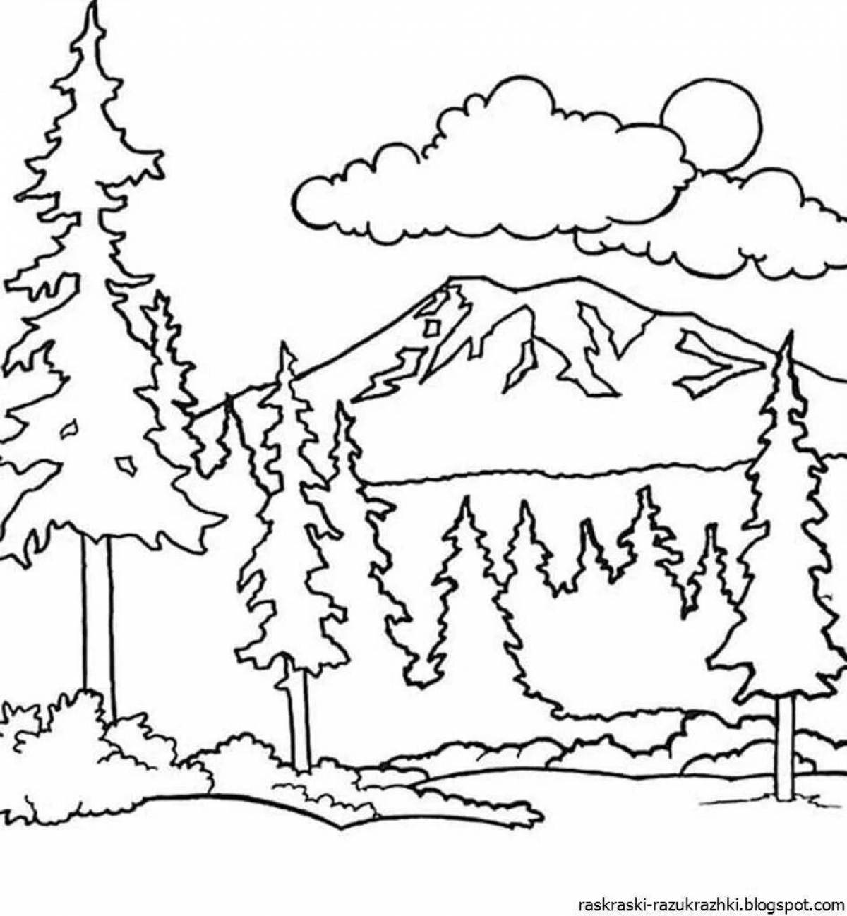 Painting coloring coniferous forest