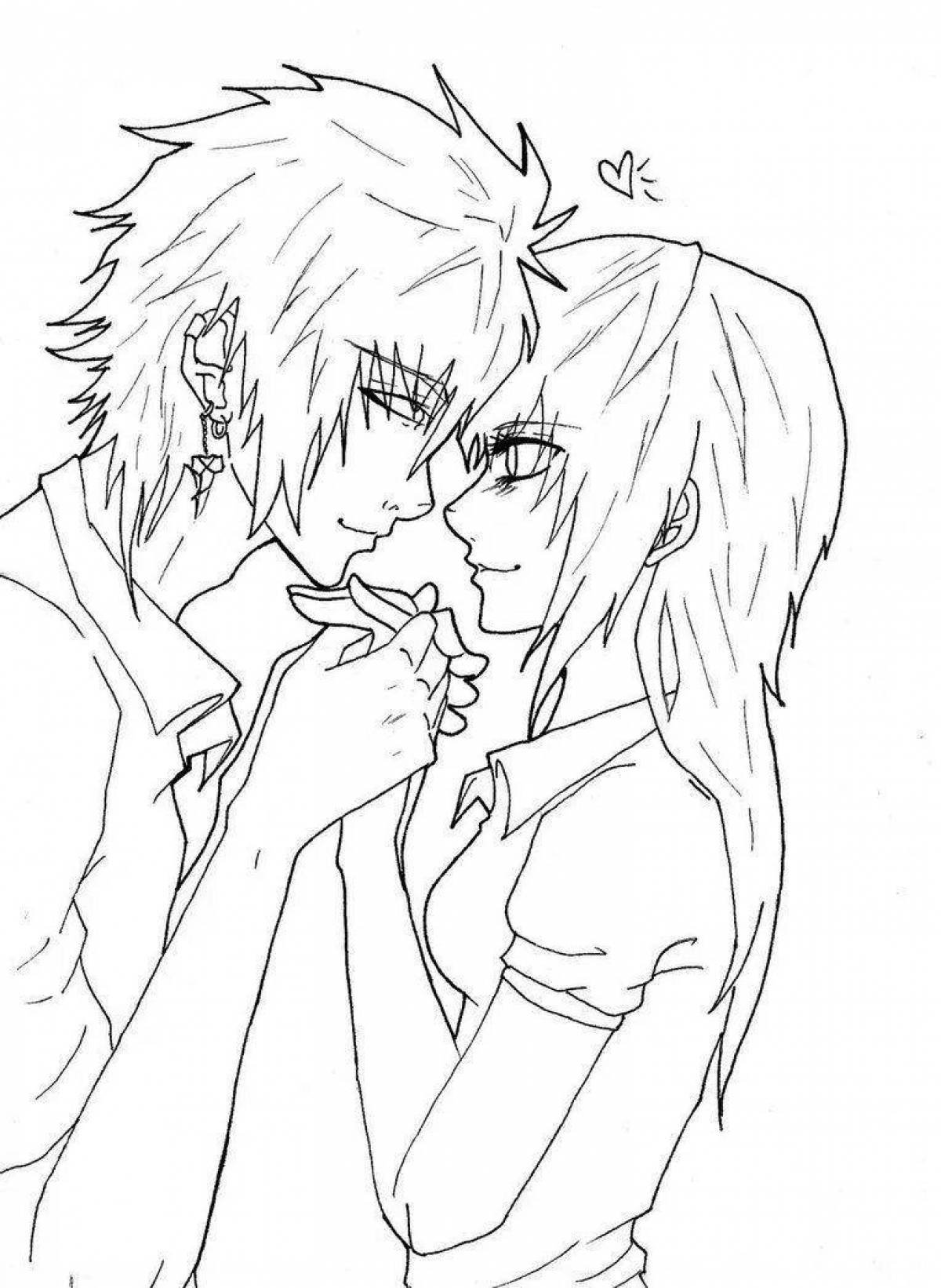 Coloring page enticing anime kiss