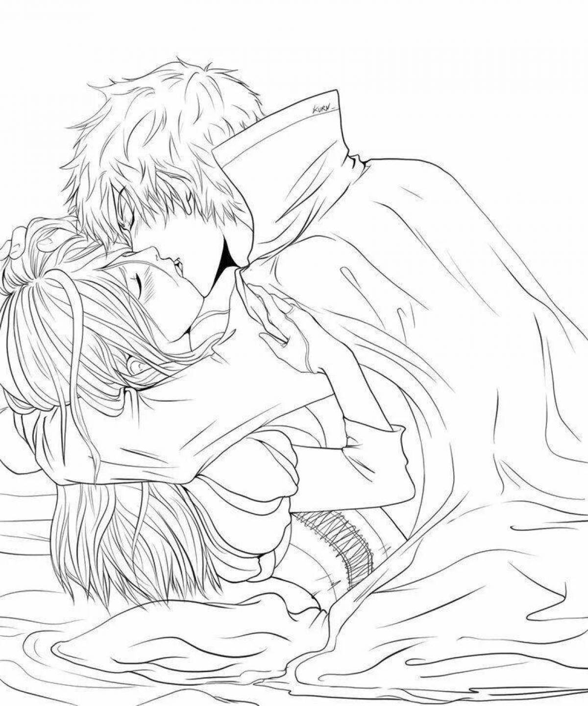 Lovely anime kiss coloring page