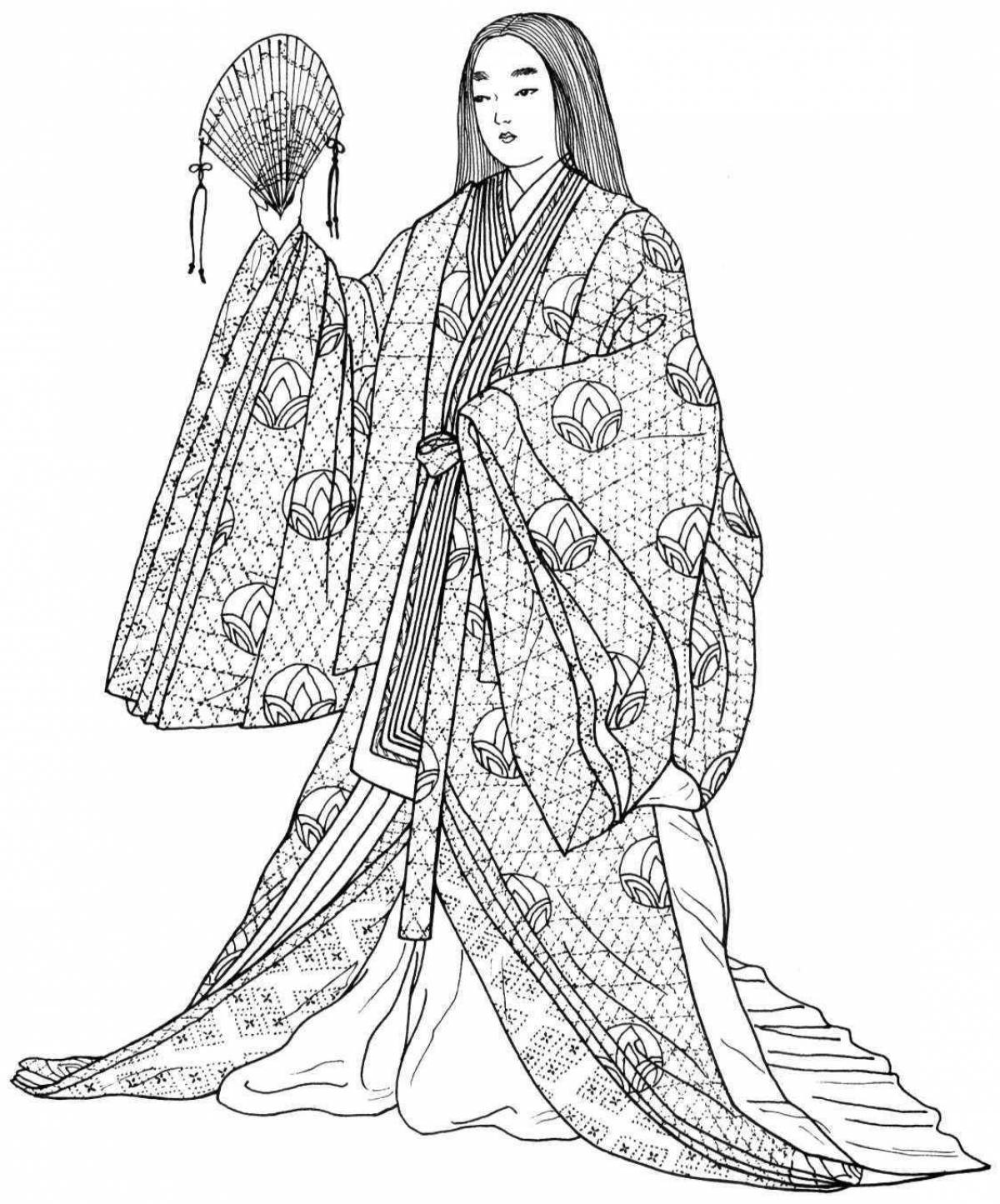 Радостная женская раскраска кимоно