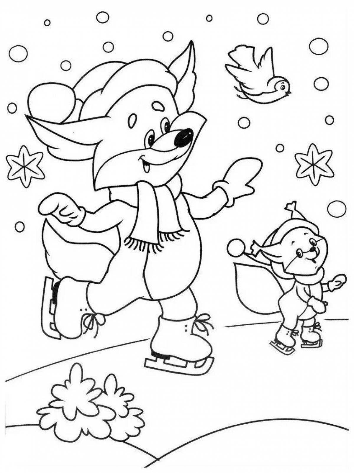 Coloring book fluffy Christmas fox