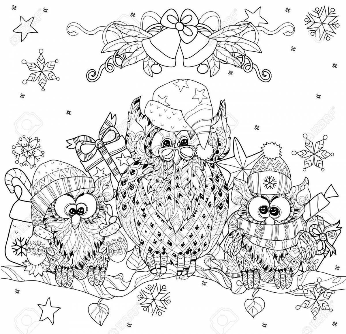 Coloring book shining Christmas owl