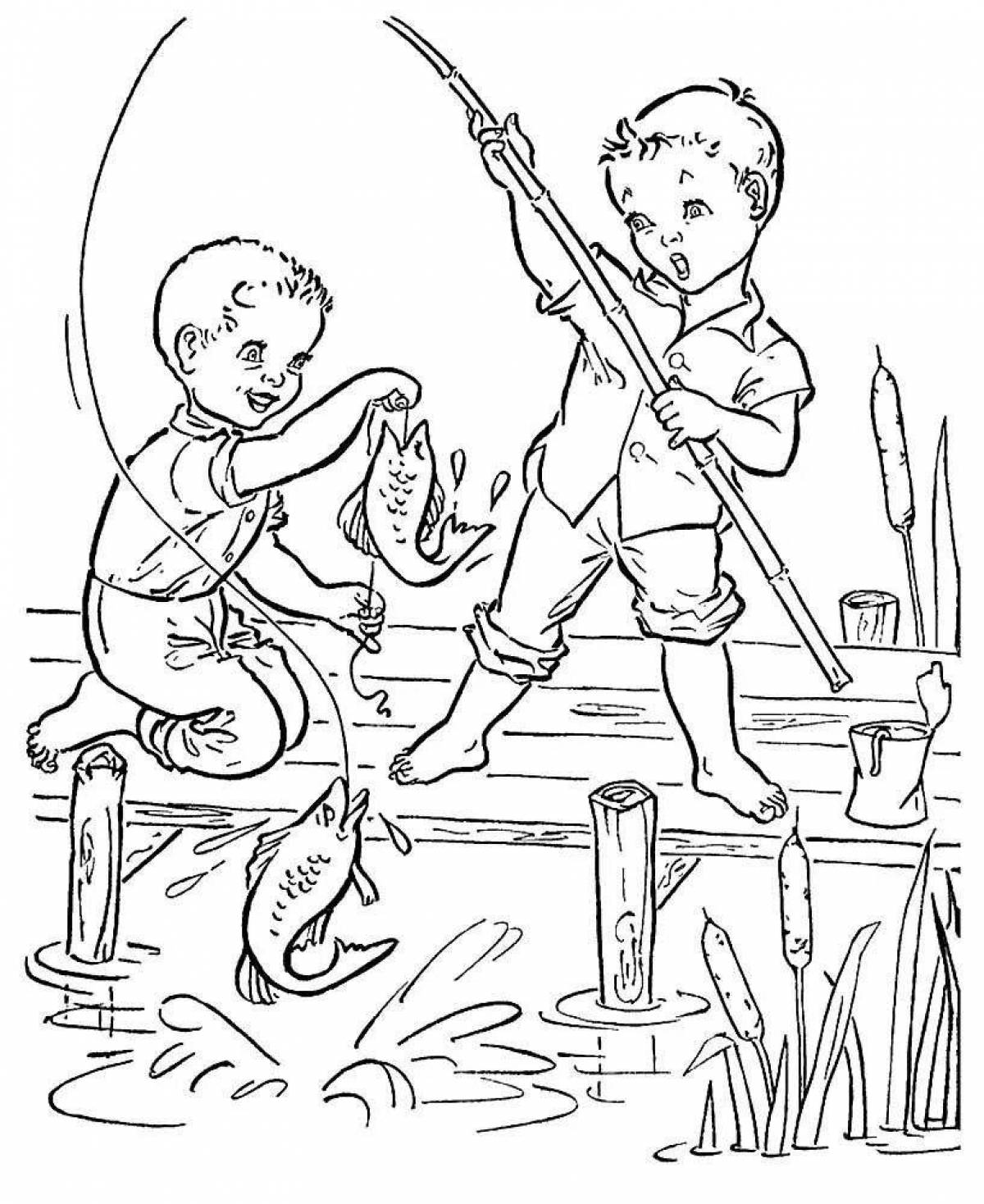 Мальчик наловил 8 жуков. Рыбалка раскраска для детей. Раскраска мальчик на рыбалке. Раскраска для детей дети рыбачат. Рыбак раскраска для детей.