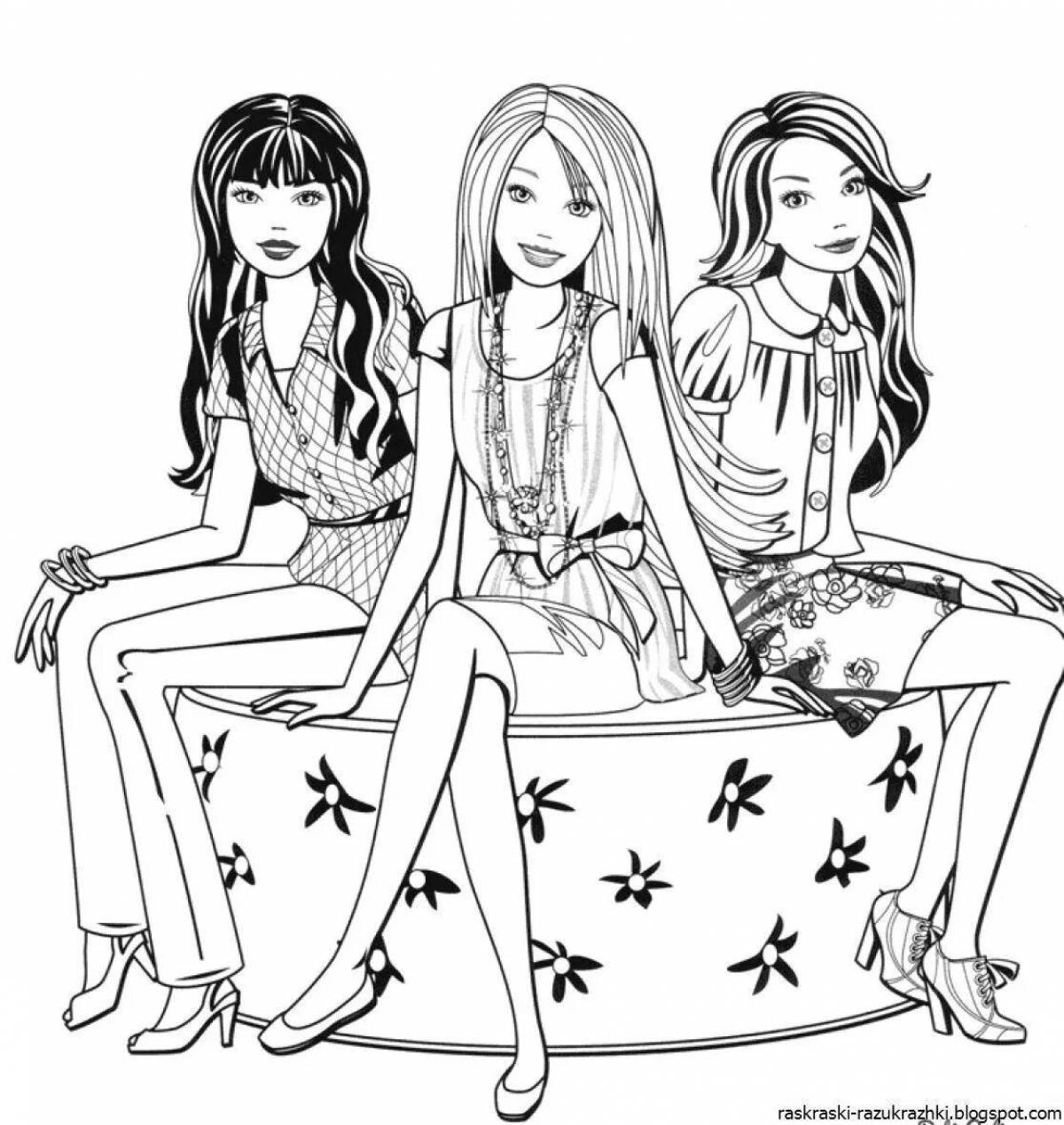 Three girls smiling coloring book