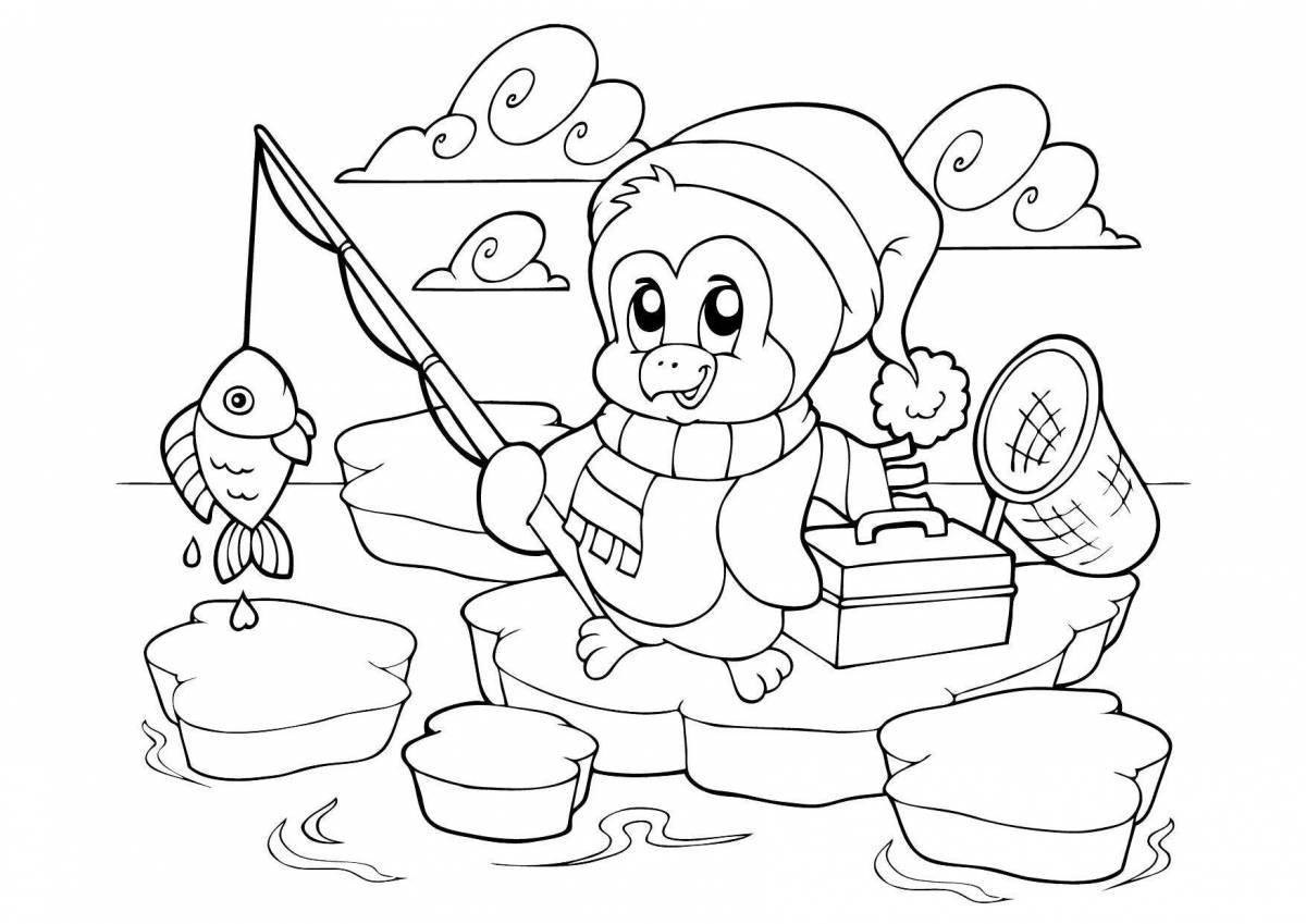 Coloring book exciting winter fishing