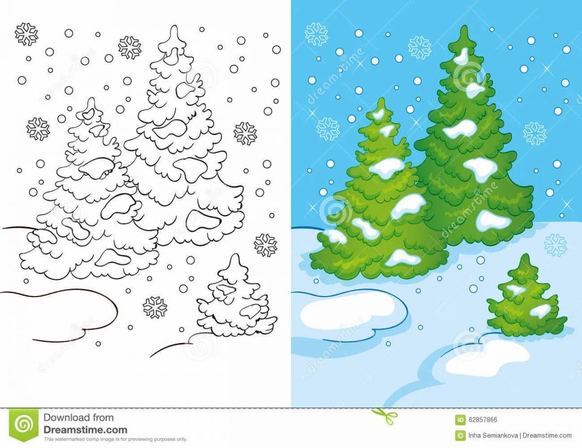 Сугробы и снег на деревьях раскраски