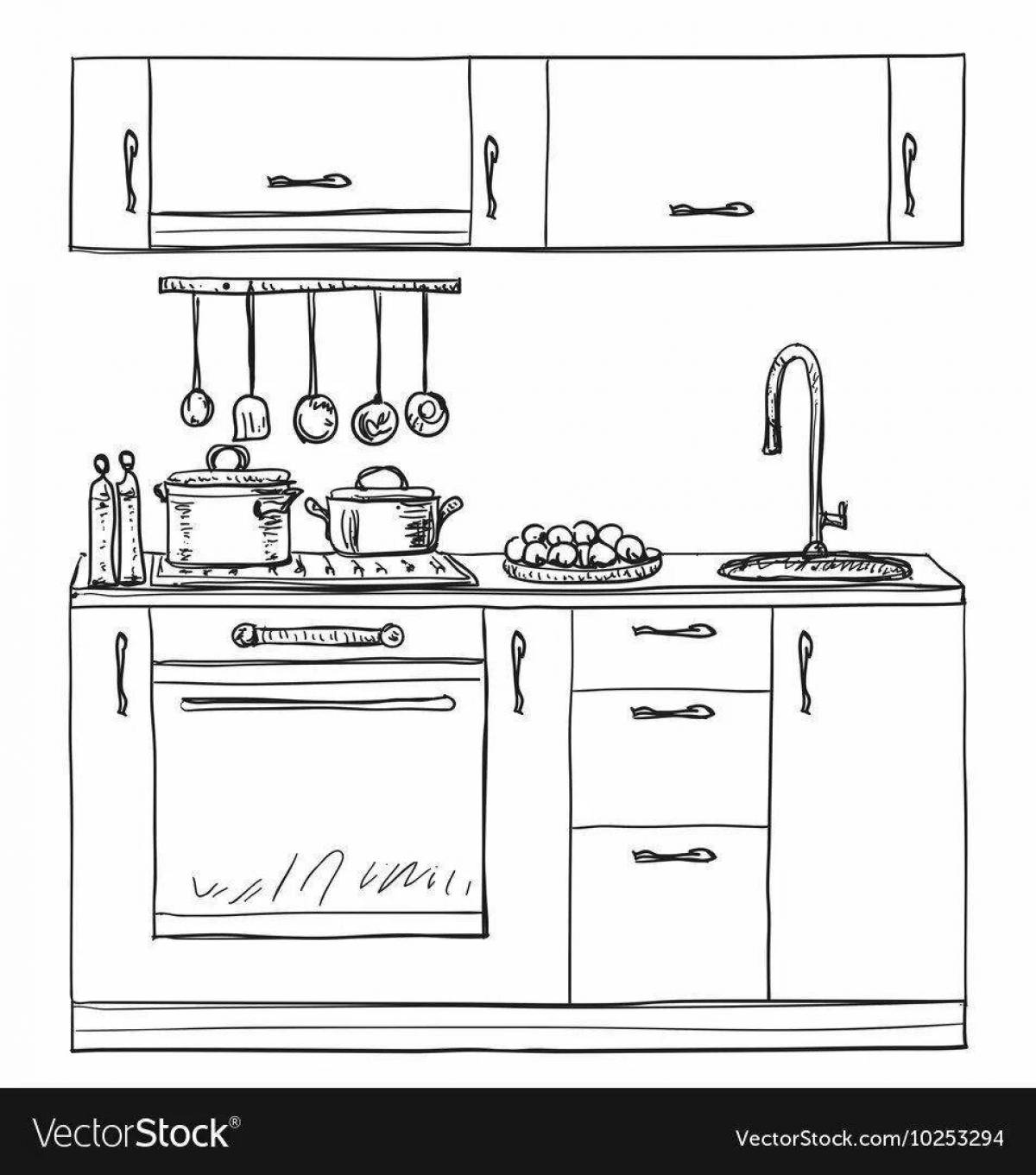 Нарисовать рисунок кухню. Кухня раскраска для детей. Раскраска кухонная посуда на кухне. Кухонная мебель раскраска для детей. Раскраска кухня с мебелью для детей.