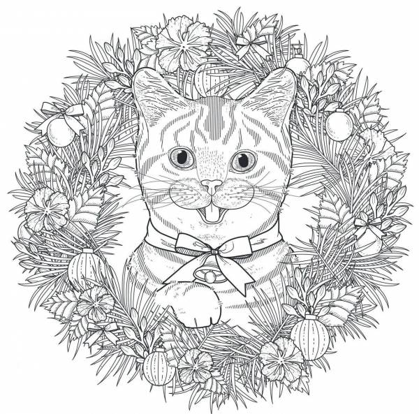 Раскраска котики новогодние