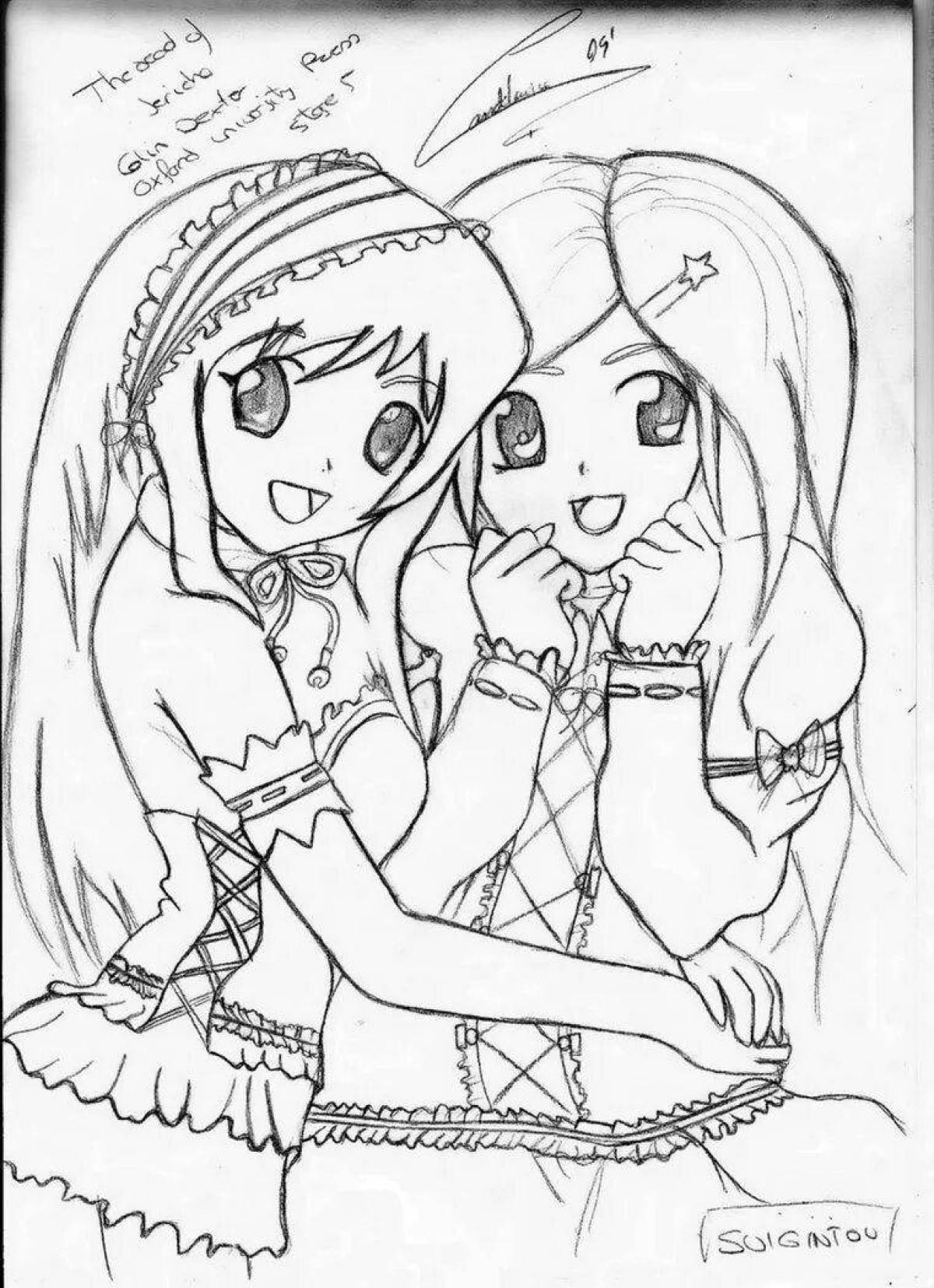 Playful anime girlfriends coloring page