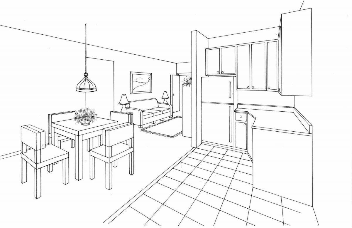 Playful kitchen furniture coloring page