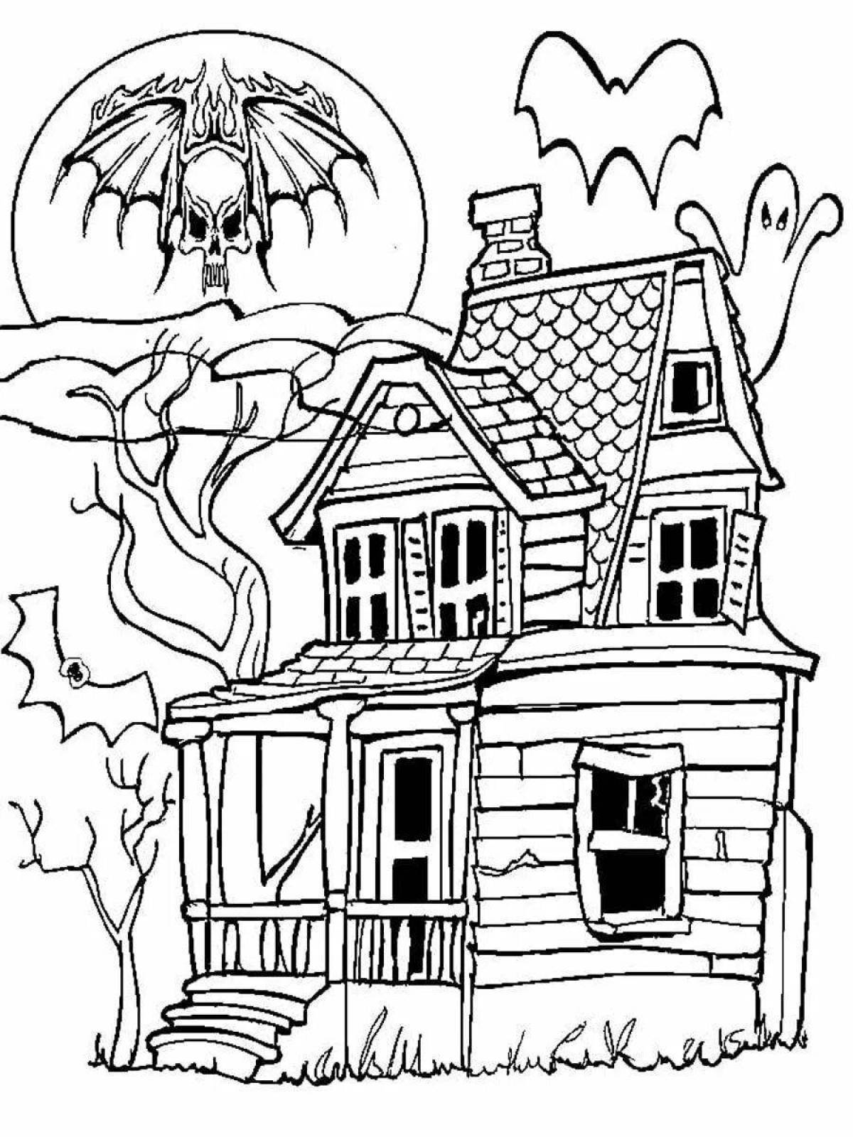 Страница раскраски ужасного дома на хэллоуин