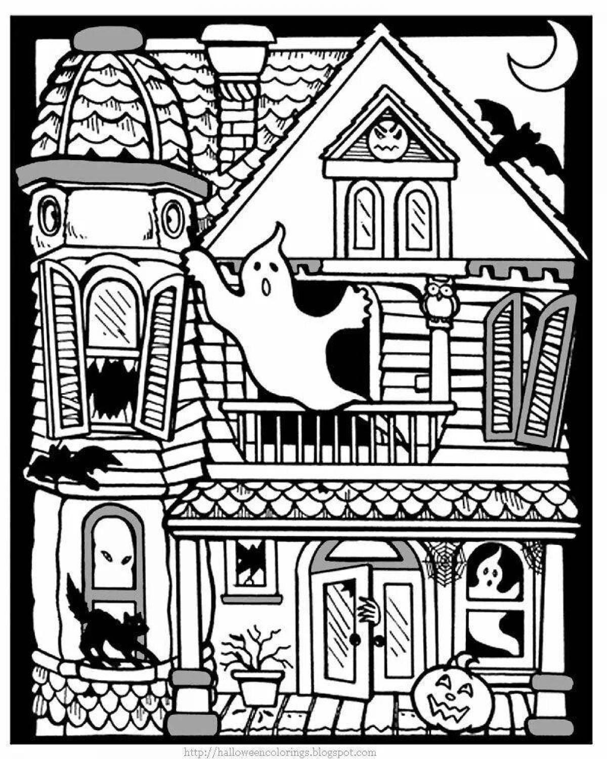 Spooky halloween house coloring page