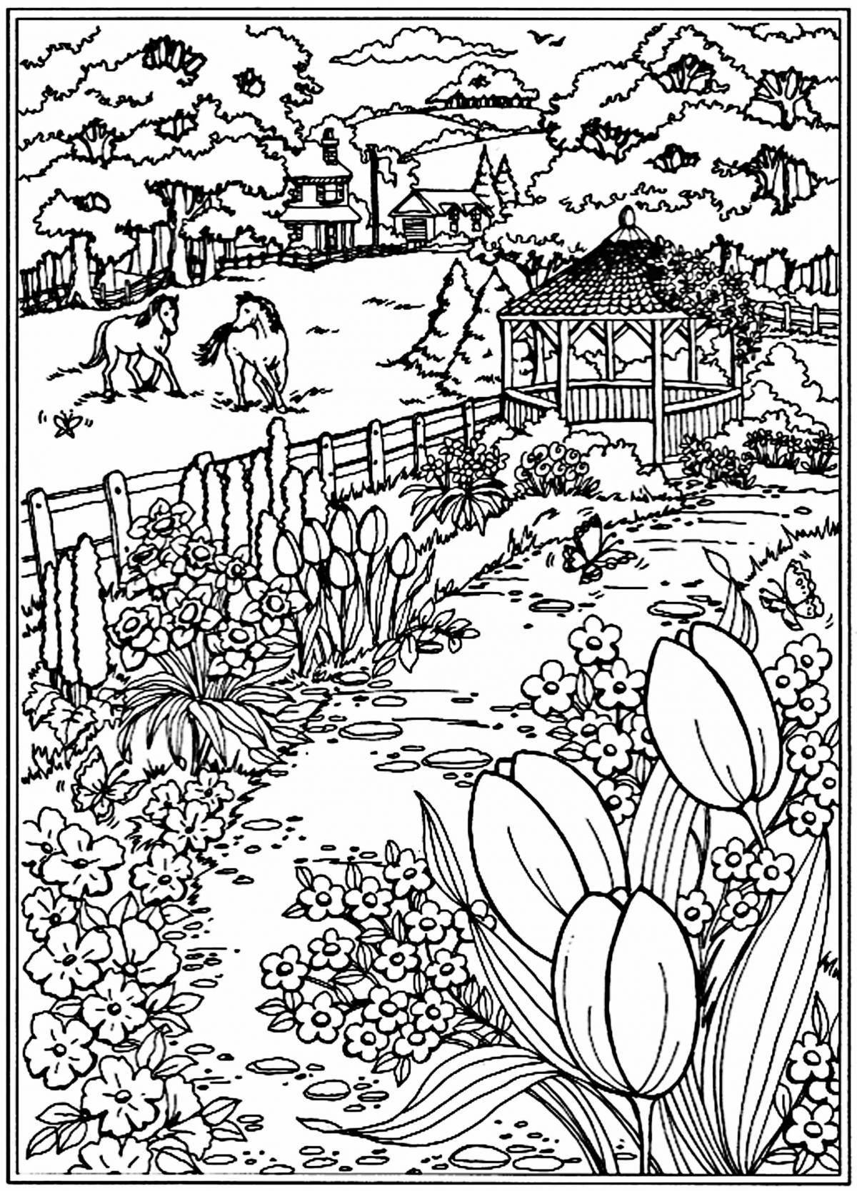 Coloring picturesque flower garden