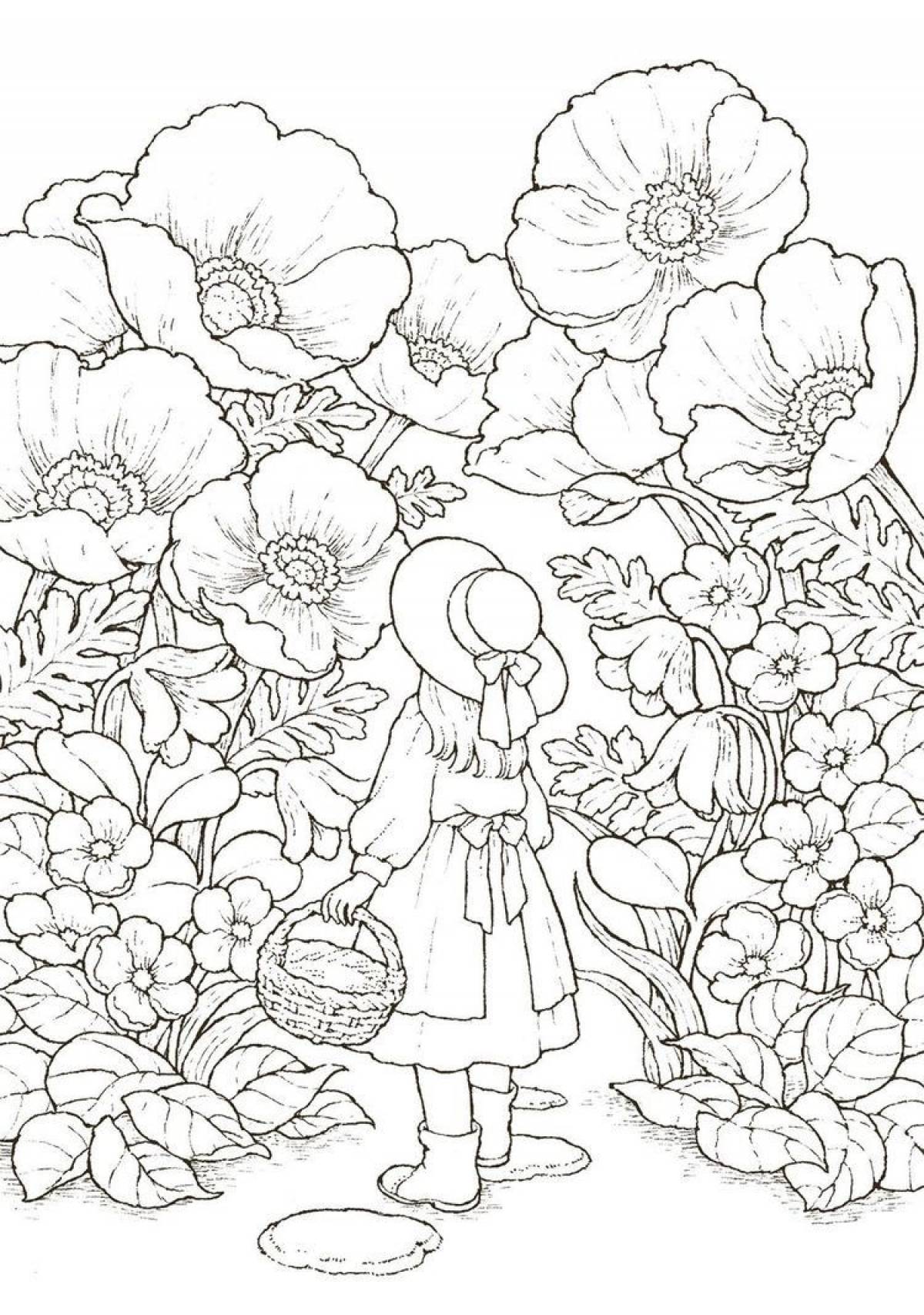Coloring book shiny flower garden
