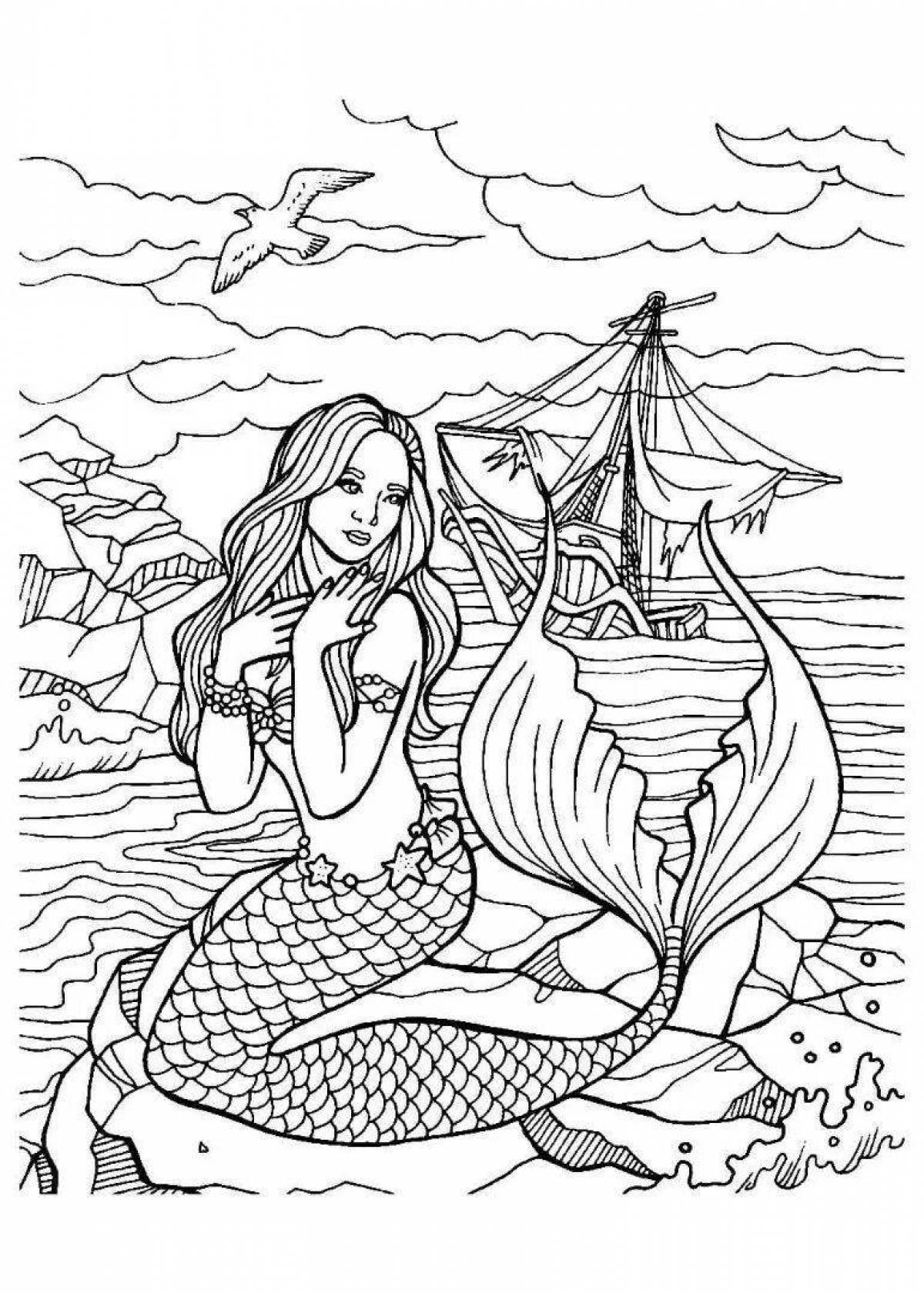 Fairytale coloring drawing of a mermaid