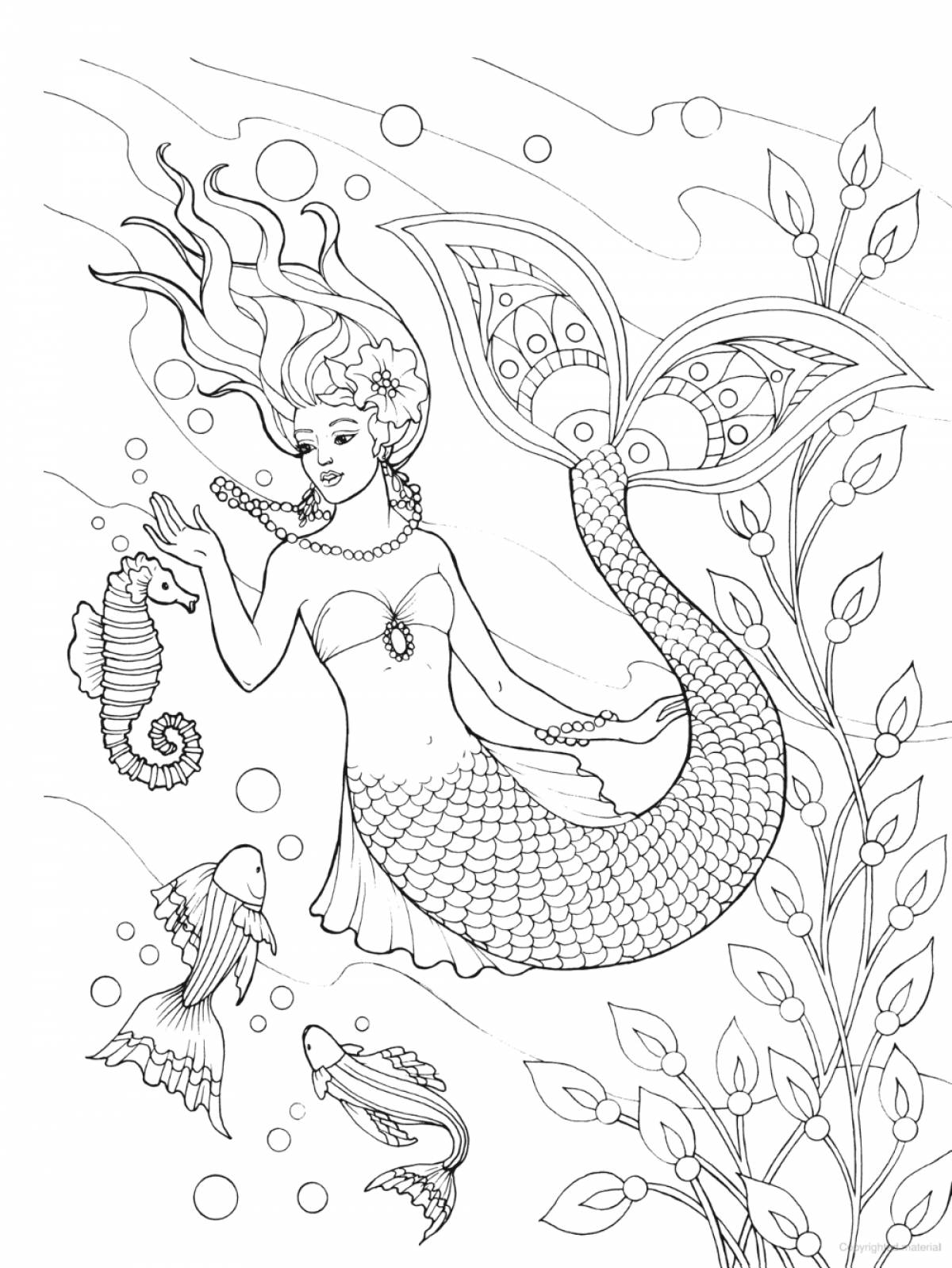 Violent coloring drawing of a mermaid