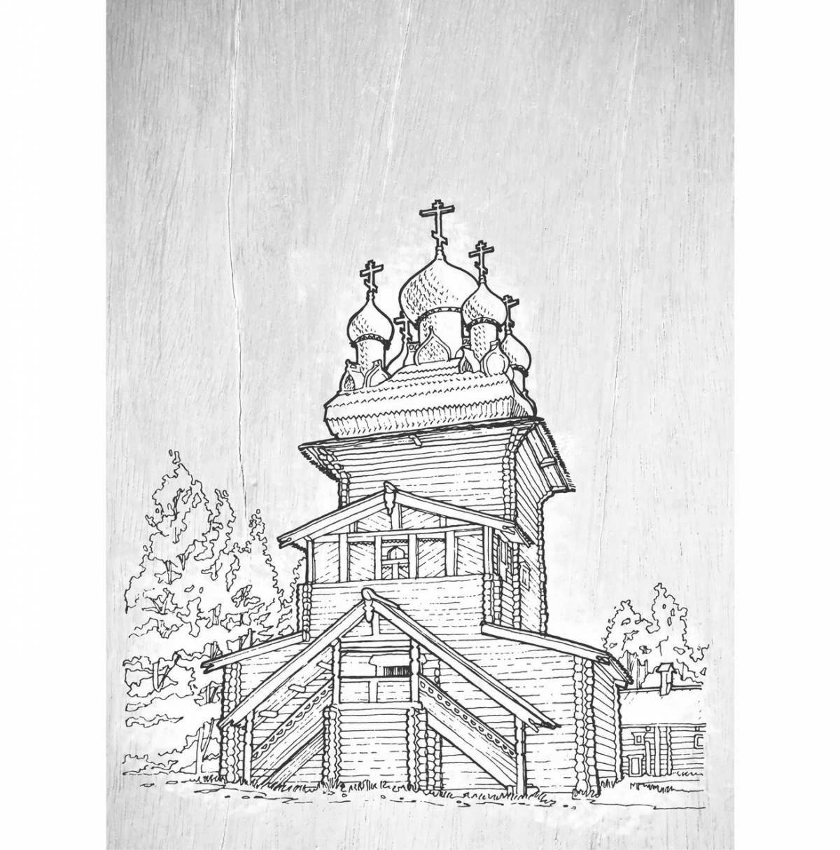 Coloring book shining wooden architecture