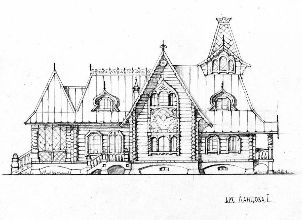 Coloring page elegant wooden architecture