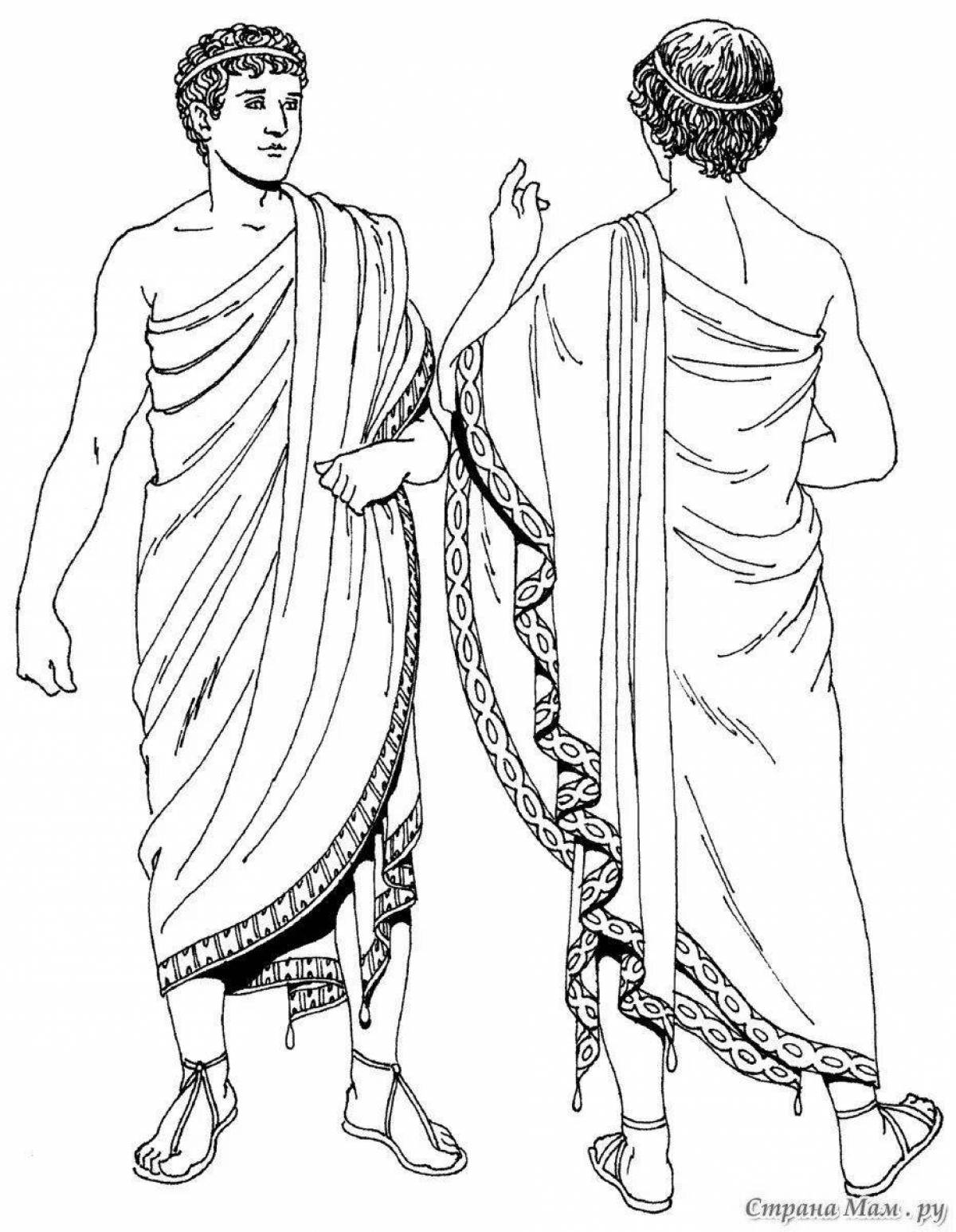 Coloring page of a cheerful Greek costume