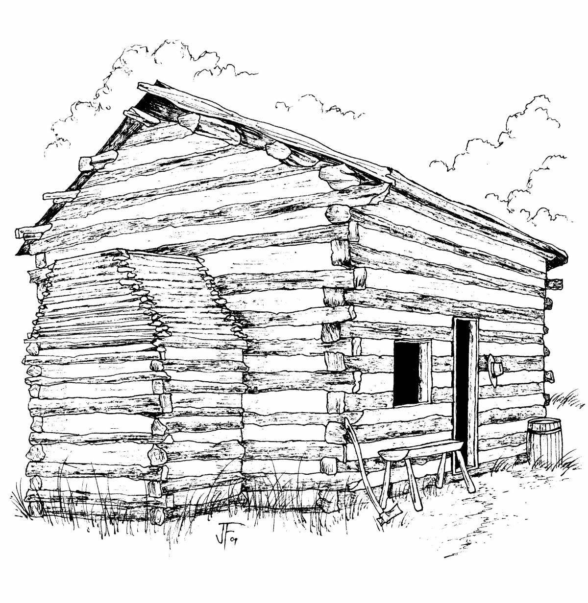Coloring book cheerful wooden hut