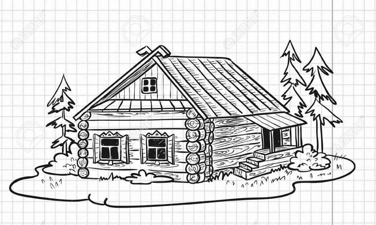 Traditional wooden hut coloring page