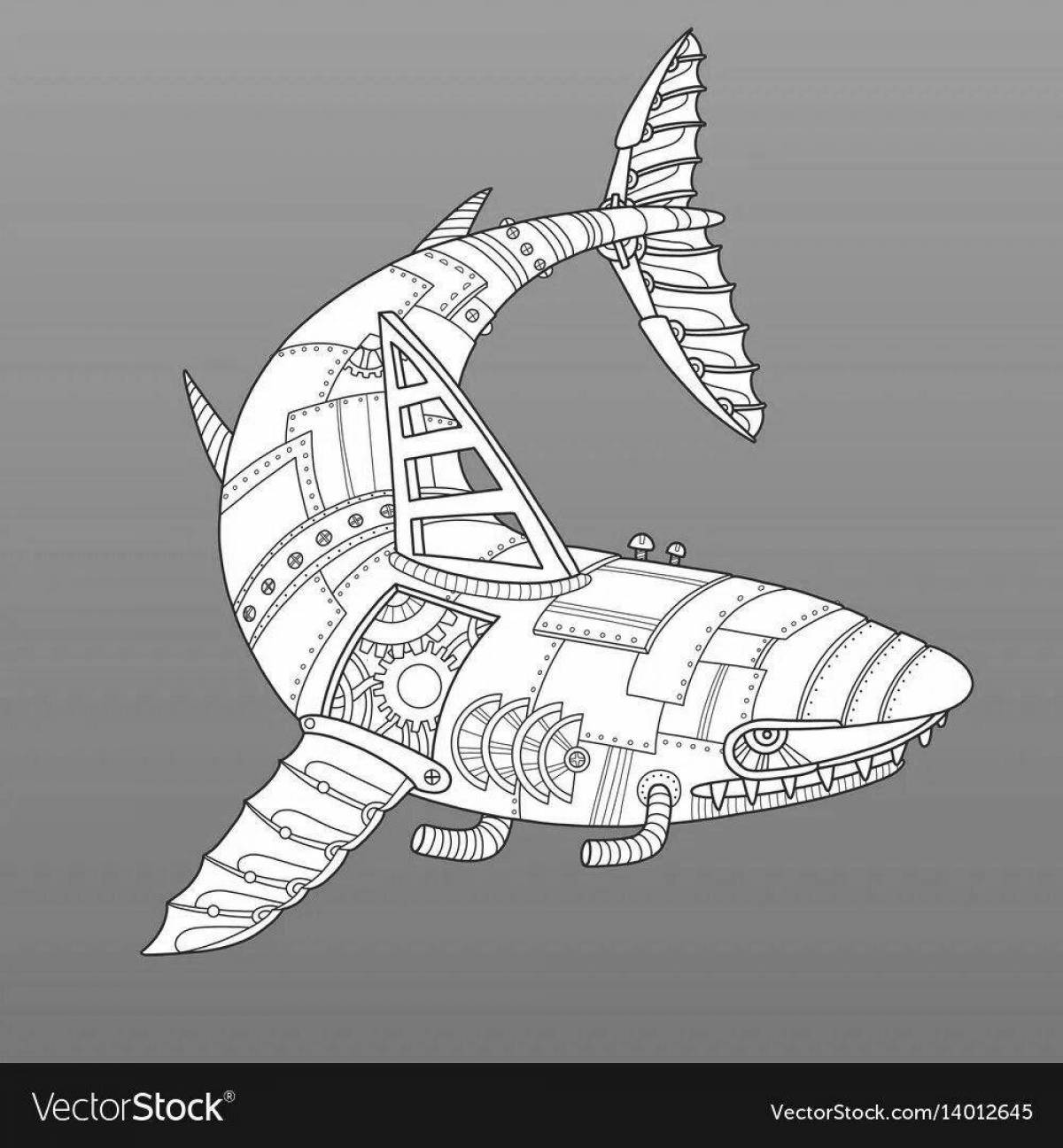 Красочная страница-раскраска робот-акула