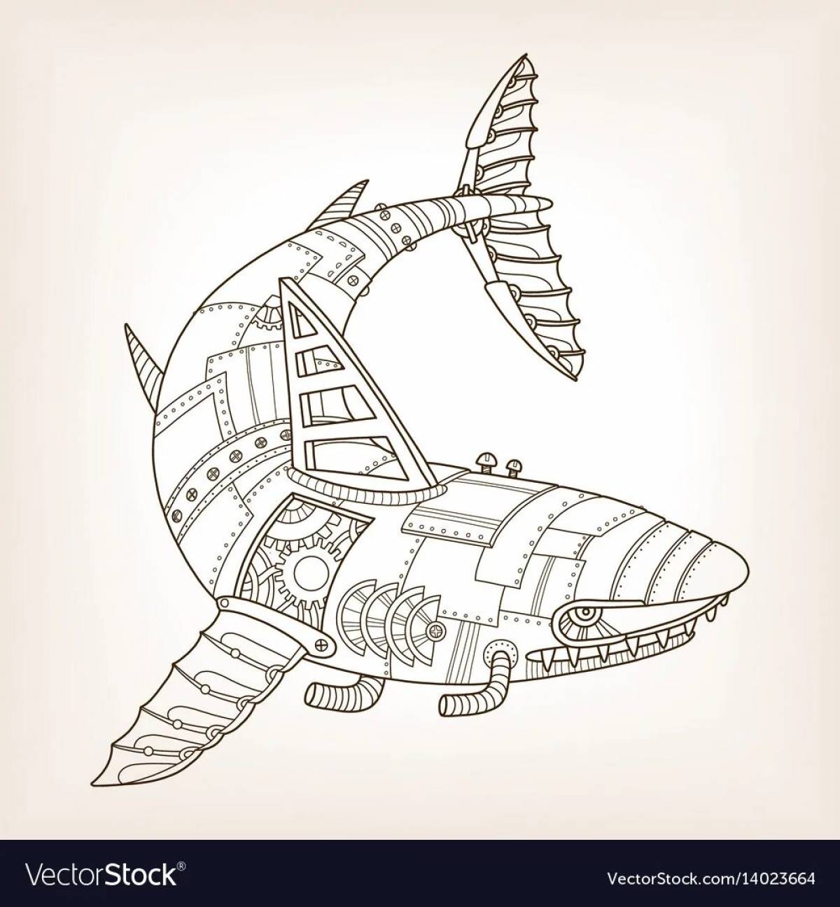 Color-brilliant shark robot coloring page