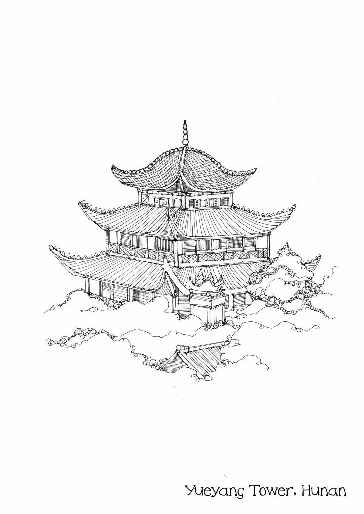Раскраска элегантный китайский храм