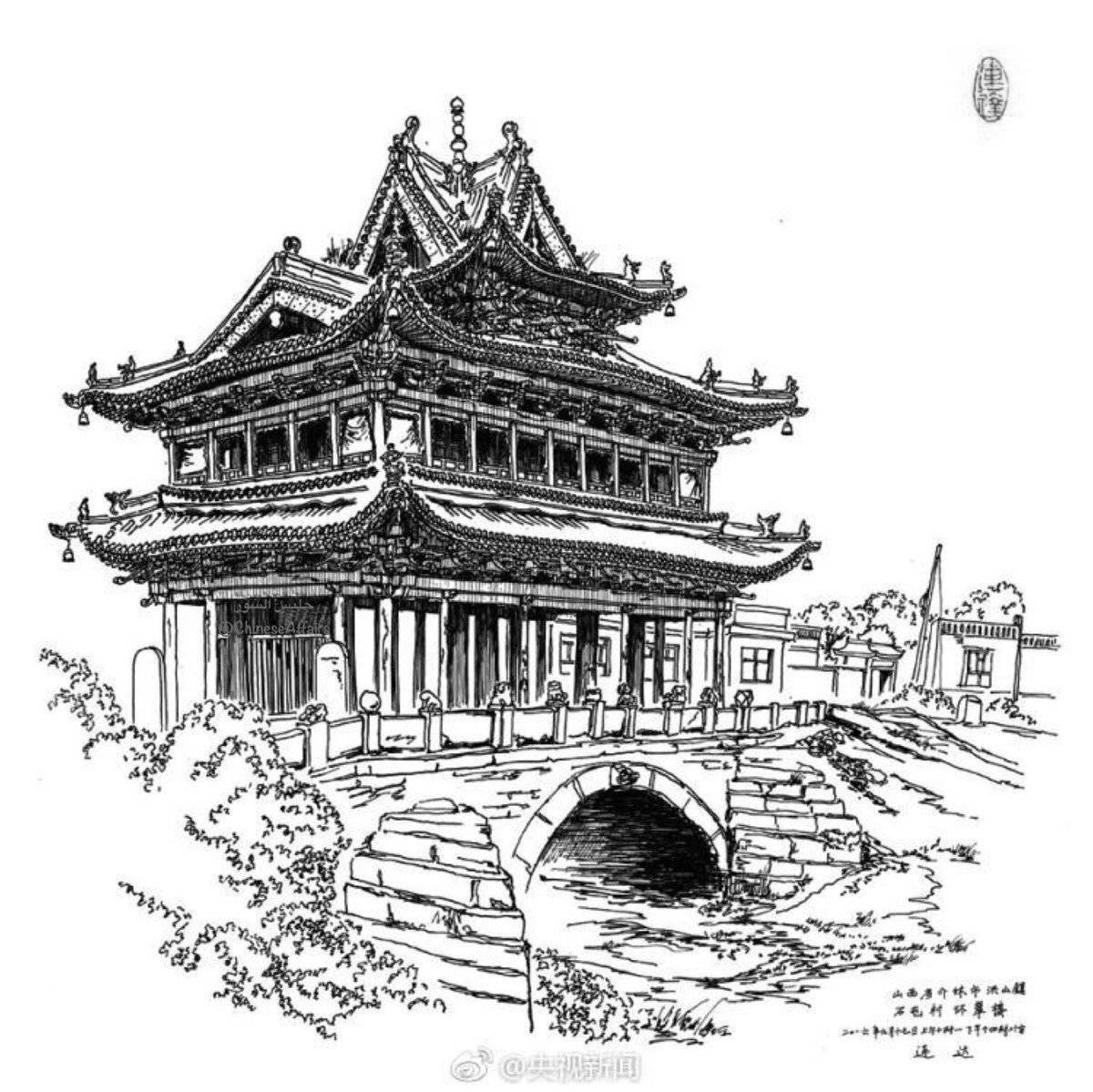 Coloring page of a rampant chinese temple