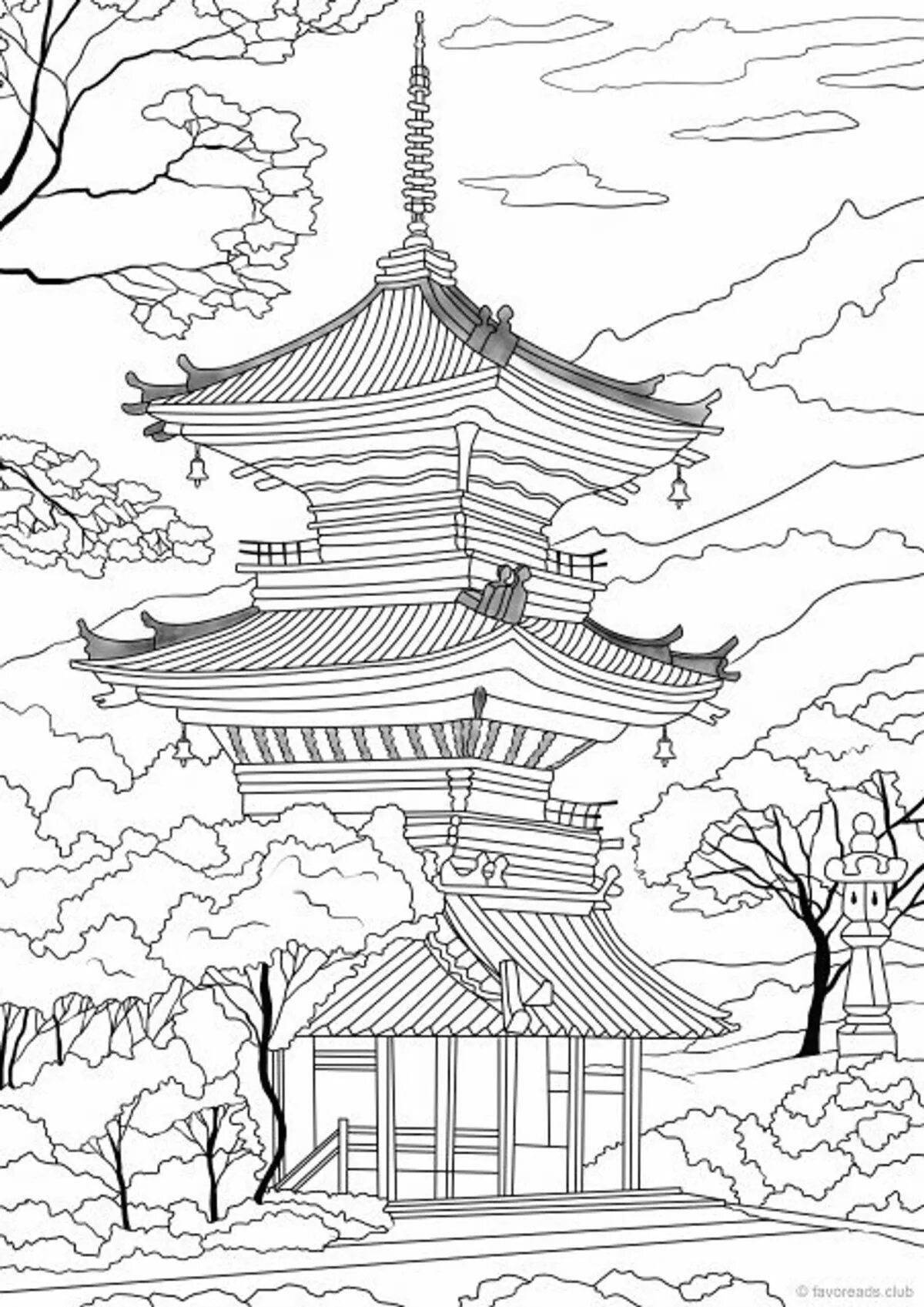 Coloring book glowing chinese temple