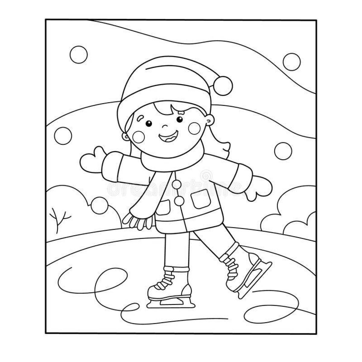 Playful winter sports coloring page for 6-7 year olds