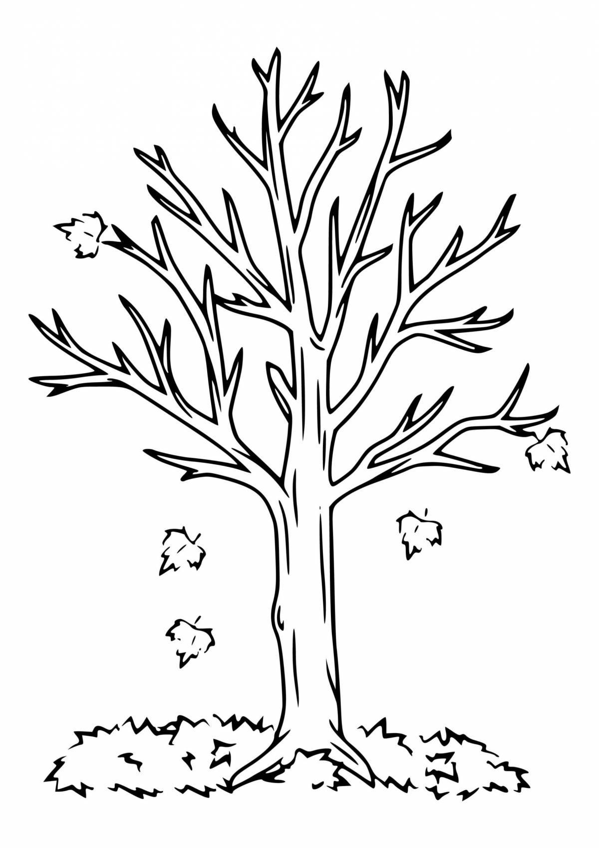 Coloring book cheerful tree without leaves for children