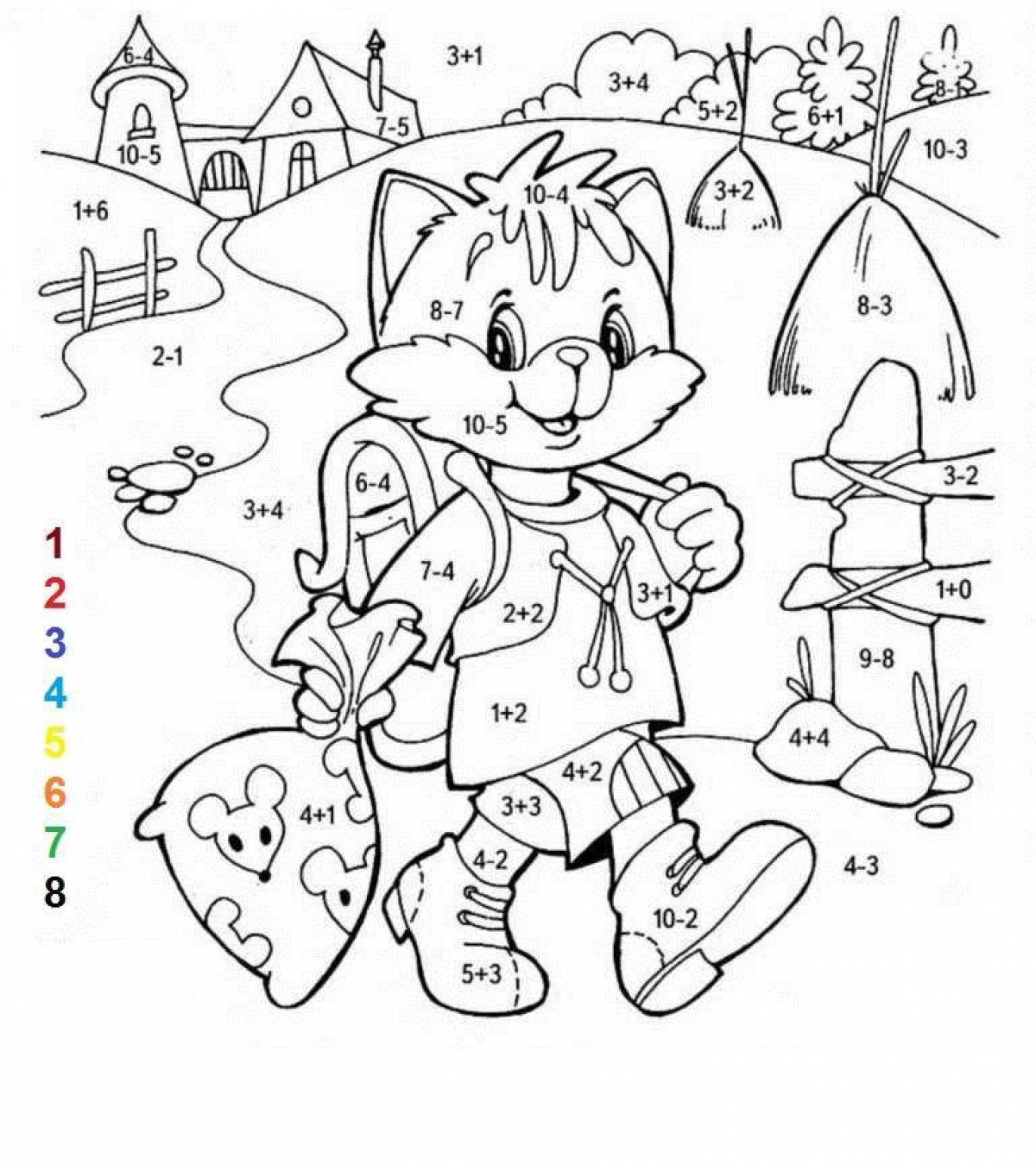 Colorful math coloring book for grade 1 with examples up to 10