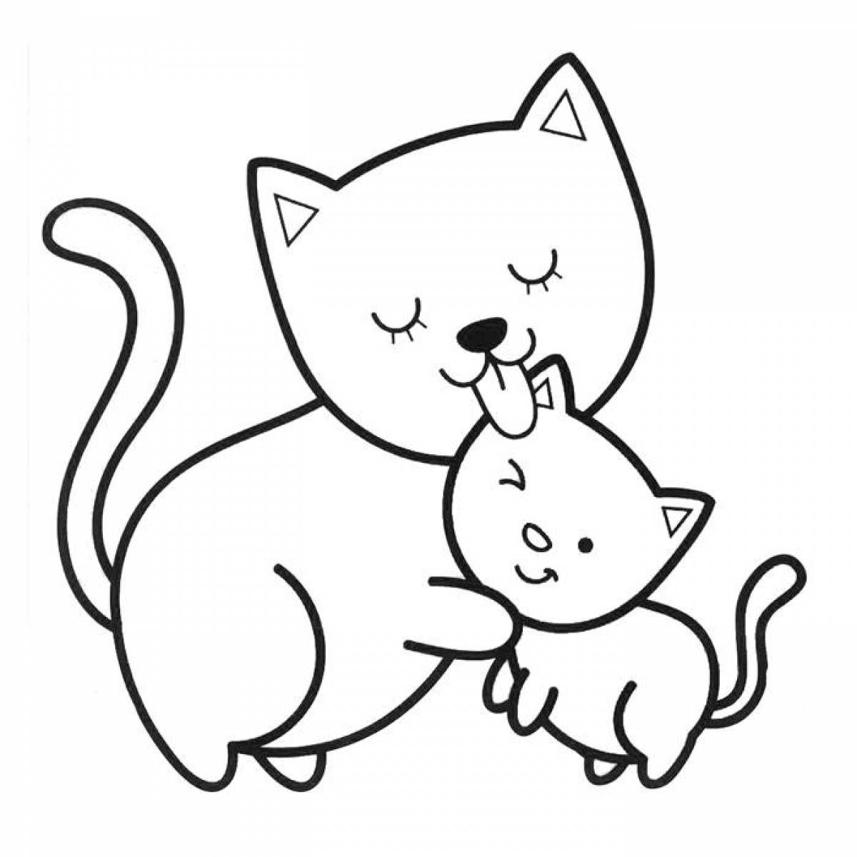 Snuggly coloring page cat for 3-4 year olds