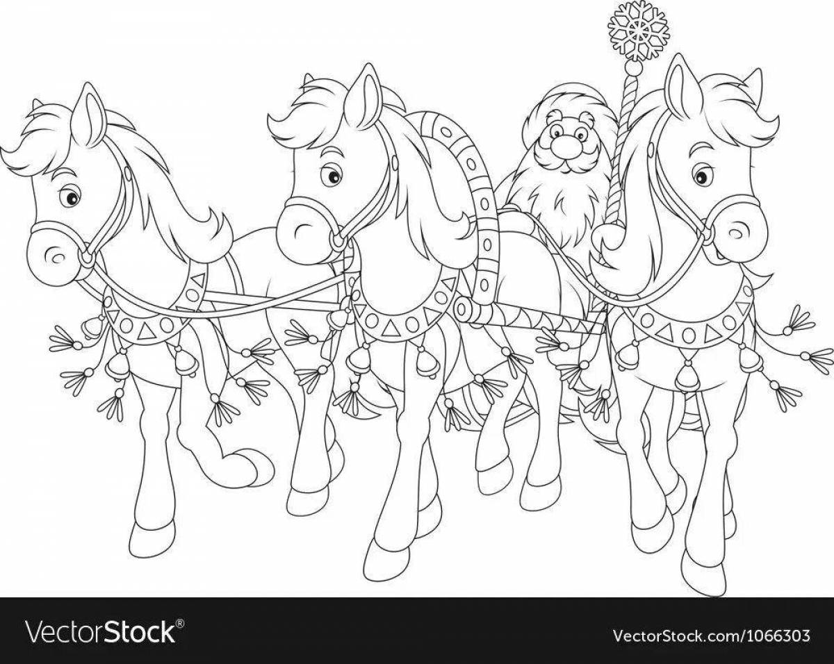 раскраска Семья в санях, запряженных лошадью на Рождество