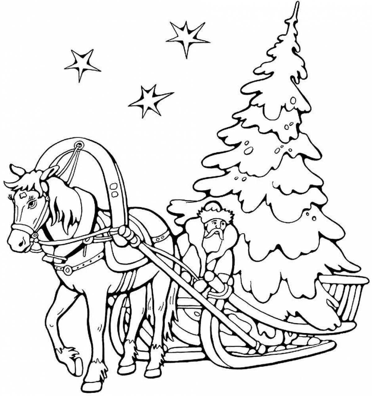 Grand coloring page horse with sleigh