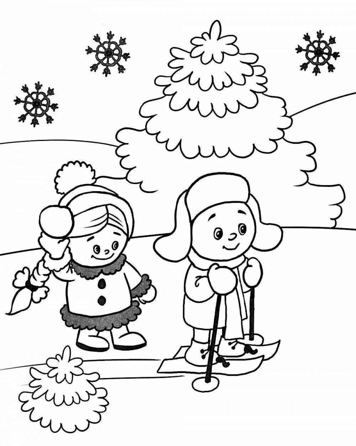 Joyful coloring children have fun in winter