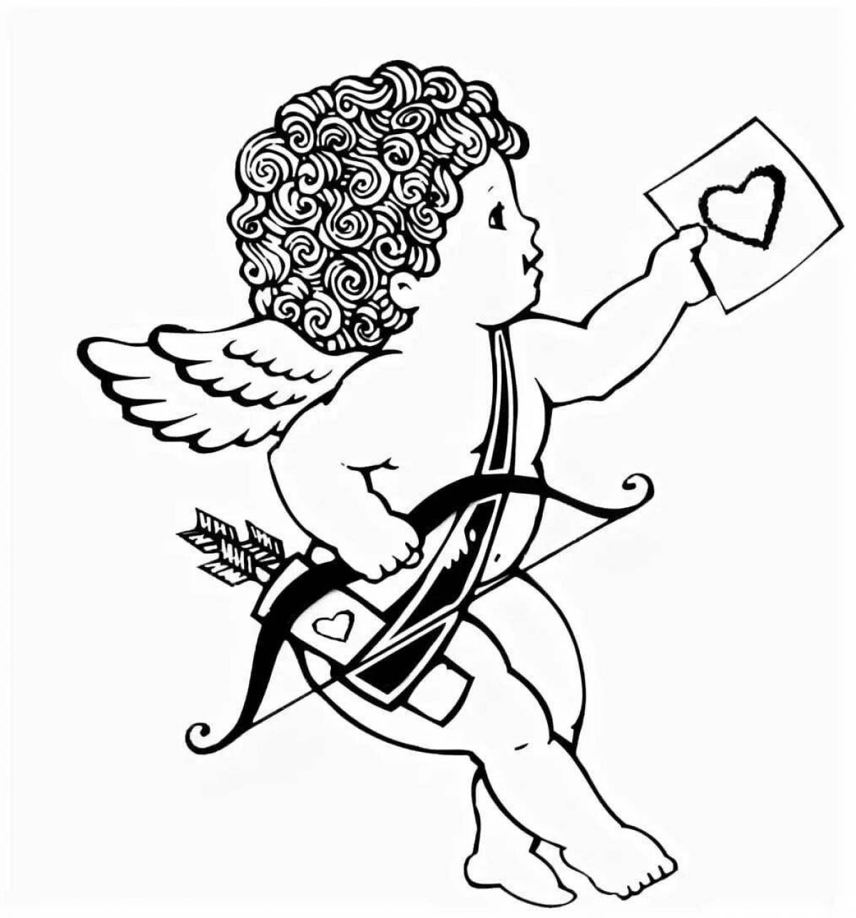 Coloring book cheerful cupid with heart